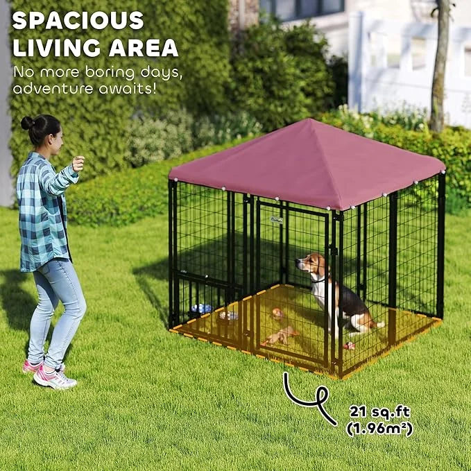 PawHut 4.6' x 4.6' x 5' Outdoor Dog Kennel, Welded Wire Heavy Duty Dog Run with 360° Rotating & 4 Level Adjustable Bowls, ...