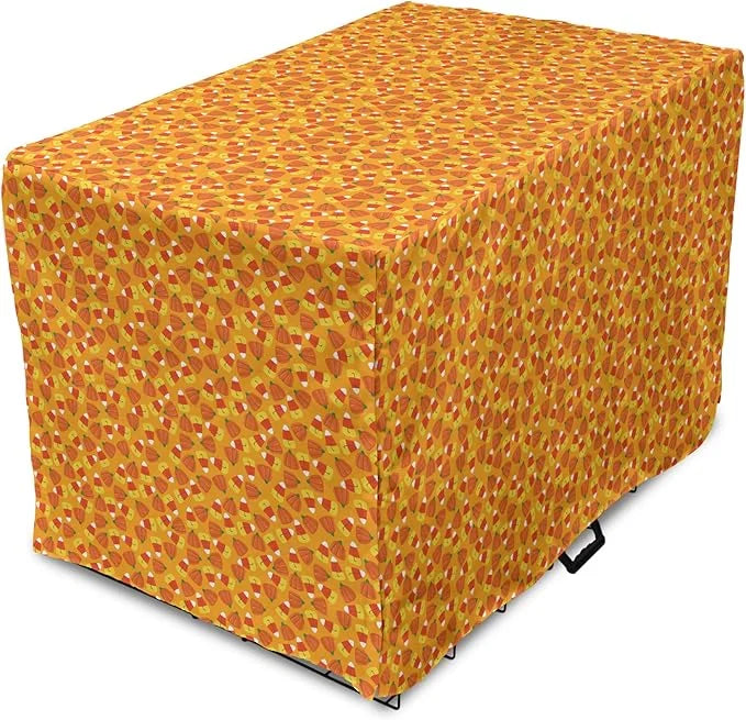 Lunarable Candy Corn Dog Crate Cover, Halloween Themed Pattern with Pumpkins and Food Repetition, Easy to Use Pet Kennel C...