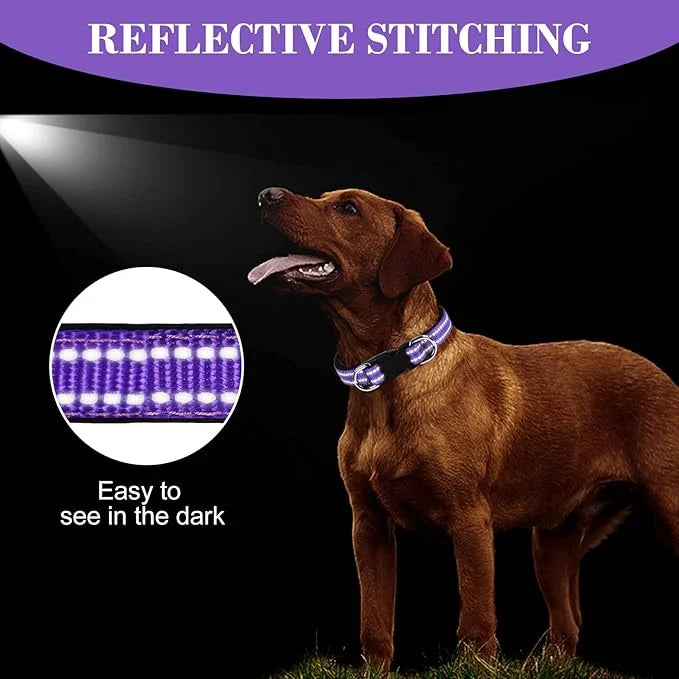 AUAUY Reflective Nylon Dog Collars, Adjustable Classic Pet Collars with Soft Neoprene Padding, Double Security Dual D-Ring...