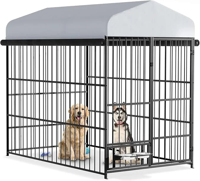 Outdoor Dog Kennel - 6.6 x 3.9 x 5.9 ft Outside Dog Kennel with Roof,Large Dog Outdoor Kennel with Rotating Feeding Bowls ...