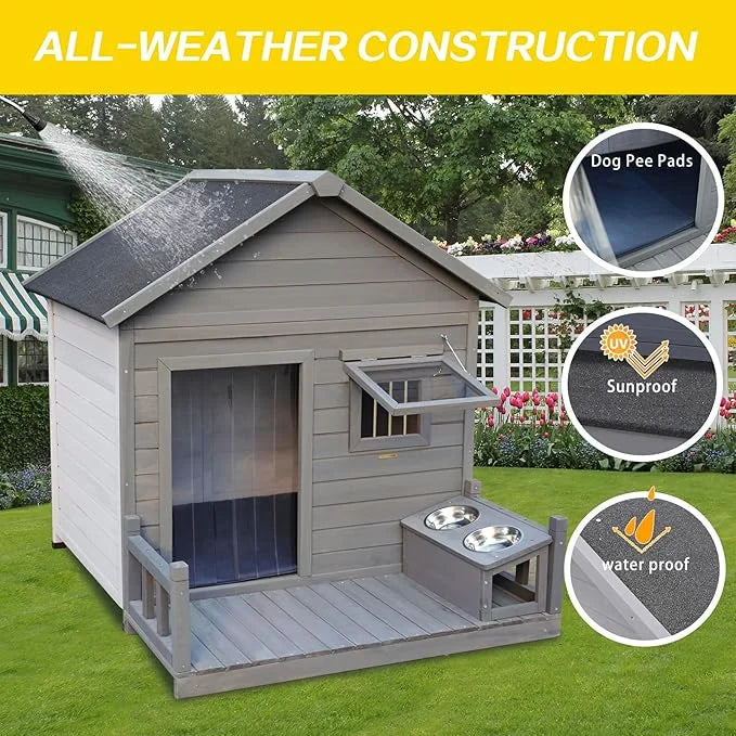 Outdoor Large Dogs House with Spacious Terrace,Open Waterproof Asphalt Roof Dog Kennel W/Breathable Window & 2 Feeding Sta...