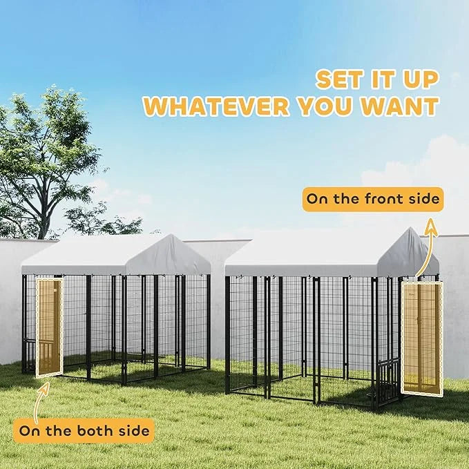 PawHut 5.9' x 5.9' x 6' Outdoor Dog Kennel, Welded Wire Heavy Duty Dog Run with 360° Rotating & 4 Level Adjustable Bowls, ...