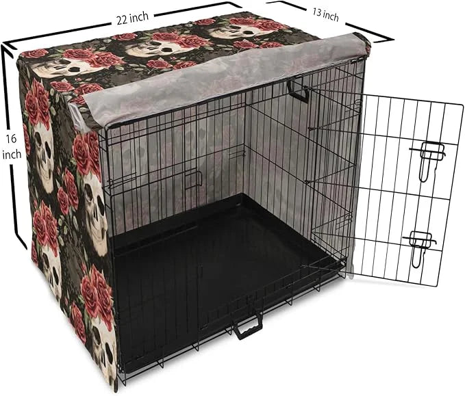 Lunarable Halloween Dog Crate Cover, Mexican Sugar Skull Rose Bouquets Spooky Traditional Humour Culture, Easy to Use Pet ...