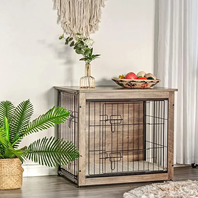 DWANTON Dog Crate Furniture with Cushion, Wooden Kennel Table with Double Doors, Indoor Dog House, Small/Medium/Large/Extr...