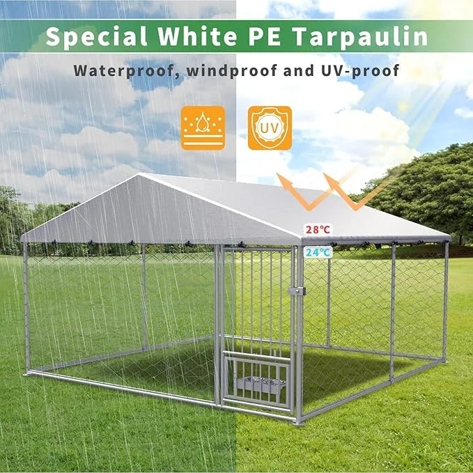 Rovibek Dog Kennel Outside, Outdoor Dog Kennel with Roof, 10'×10' Puppy Enclosure Outside, Out-Side with 2 Stainless Steel...