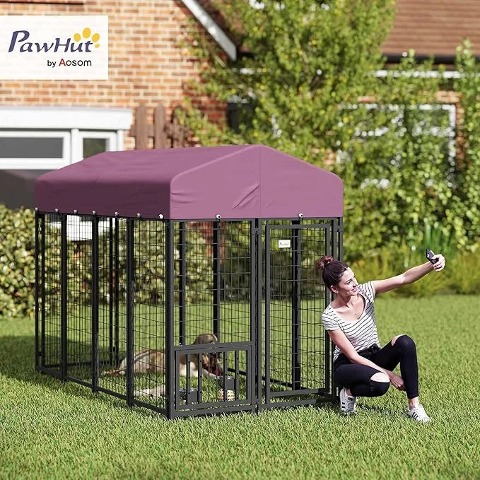 PawHut 7.9' x 4' x 6' Outdoor Dog Kennel, Welded Wire Heavy Duty Dog Run with 360° Rotating & 4 Level Adjustable Bowls, Do...