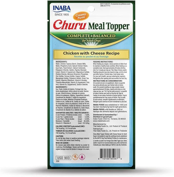 INABA Churu Meal Topper for Dogs, Complete & Balance, Creamy, Lickable Purée Dog Food Topper, 0.5 Ounce Tube, 24 Tubes (4 ...