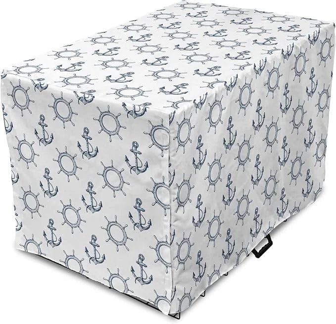 Lunarable Nautical Dog Crate Cover, Marine Elements Anchor Ship Wheel Wind Rose Sailing into The Ocean Theme, Easy to Use ...