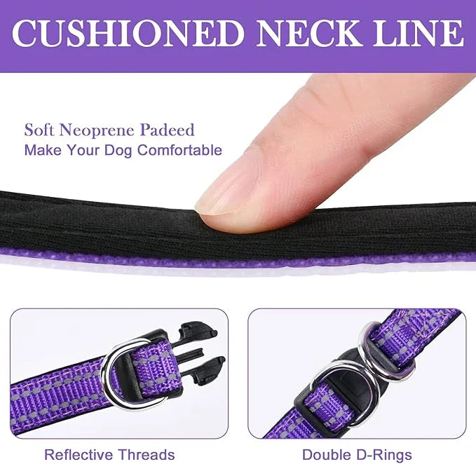AUAUY Reflective Nylon Dog Collars, Adjustable Classic Pet Collars with Soft Neoprene Padding, Double Security Dual D-Ring...