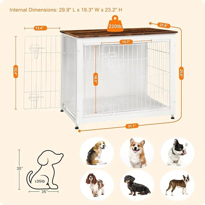 DWANTON Dog Crate Furniture with Cushion, Wooden Kennel Table with Double Doors, Indoor Dog House, Medium Size, 32.5" L, W...