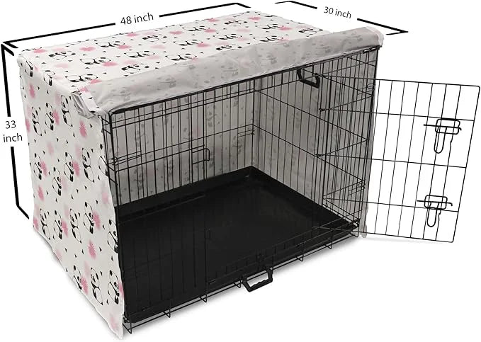 Lunarable Panda Dog Crate Cover, Cartoon Style Bear Drawings Pinkish Foliage Leaves Chinese, Easy to Use Pet Kennel Cover ...