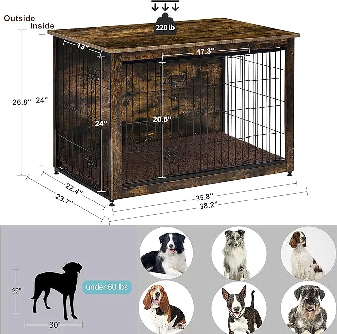 DWANTON Dog Crate Furniture with Cushion, Wooden Dog Crate Table, Double Doors Dog Furniture, Indoor Dog Kennel, Dog House...