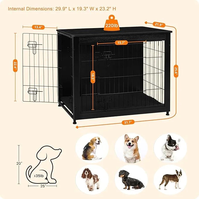 DWANTON Dog Crate Furniture with Cushion, Wooden Kennel Table with Double Doors, Indoor Dog House, Medium Size, 32.5" L, B...