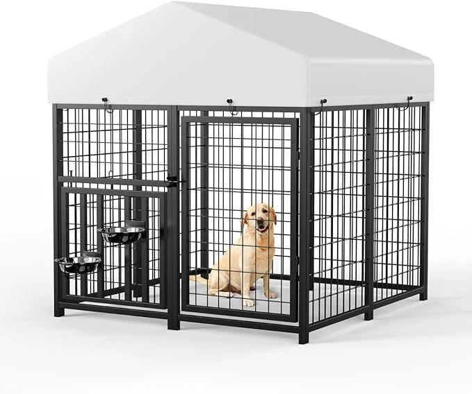 Large Dog Kennel Outdoor Pet Pens Dogs Run Enclosure Animal Hutch Metal Coop Fence with Rotating Bowl - Product Image