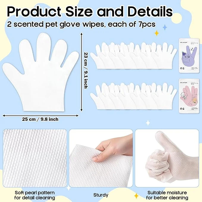 Pet Glove Wipes for Dogs - 14Pcs Peach & Bluebell Scented Pet Cleaning Gloves, No Rinse Deodorizing Grooming Wipes for Dog...