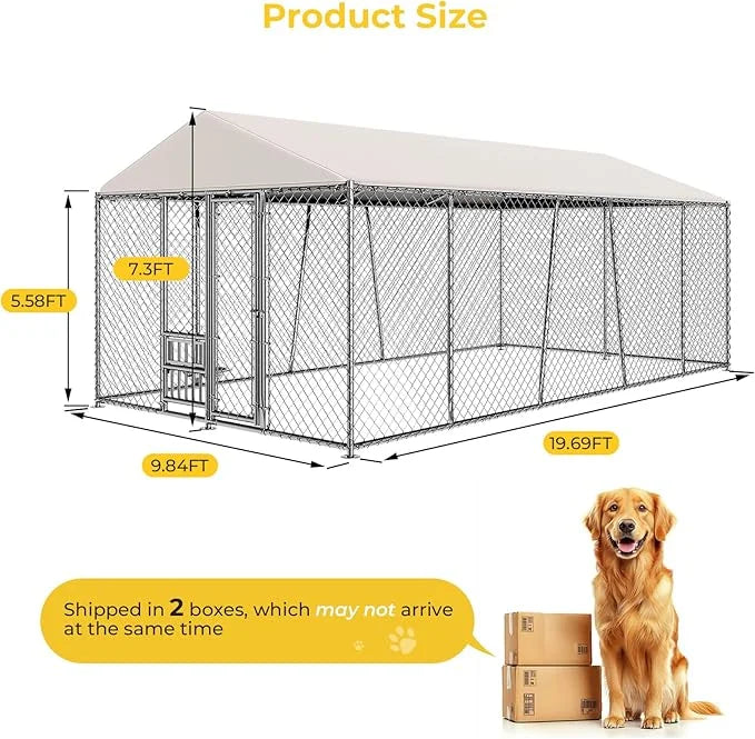 10 x 20FT Large Outdoor Dog Kennel with Bowls, Dog Kennel Outside with Waterproof Cover Roof, Galvanized Heavy Duty Chain ...