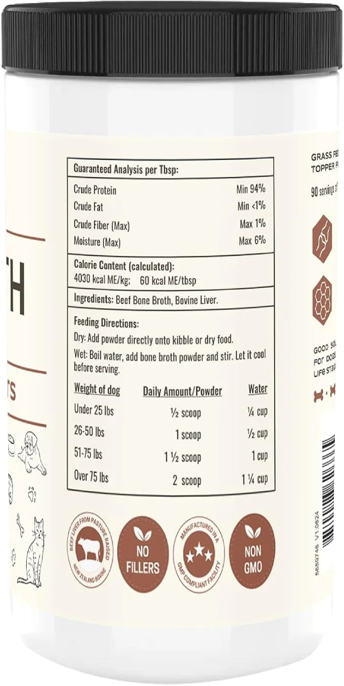 Bone Broth for Dogs and Cats with Beef Liver – Human Grade Grass Fed Beef Bone Broth Powder for Dogs – Dog Food Toppers fo...