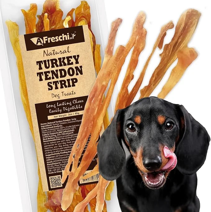Afreschi Natural Turkey Tendon Strip 3 oz, All Natural Human Grade Puppy Chew, Turkey Sourced from USA, Hypoallergenic, Ea...