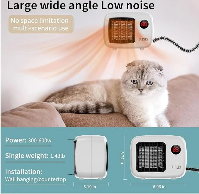 Thermostatic Dog House Heater with Anti-Bite Wires, Wall-Mounted Pet Heater with 2 Wind Speed Modes (300W/600W), Suitable ...