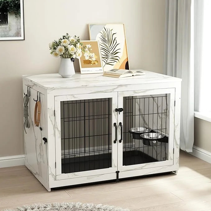Piskyet Wooden Dog Crate Furniture with 360°Rotatable Removable Dog Bowls, Dog Crate End Table with Tray, Double Doors Dog...