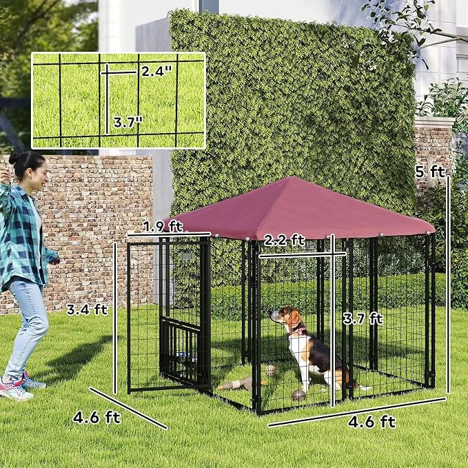 PawHut 4.6' x 4.6' x 5' Outdoor Dog Kennel, Welded Wire Heavy Duty Dog Run with 360° Rotating & 4 Level Adjustable Bowls, ...