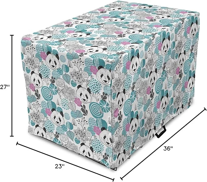 Lunarable Panda Dog Crate Cover, Portraits of Chinese Bears on Sketch Flowers and Abstract Circular Shapes, Easy to Use Pe...