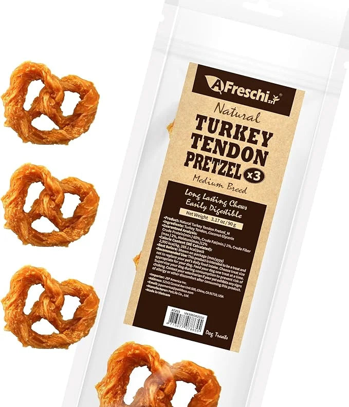 Afreschi Turkey Tendon for Dogs, Medium Pretze 3.17 oz, USA-Sourced Turkey, All Natural Human Grade Dog Chew, Hypoallergen...