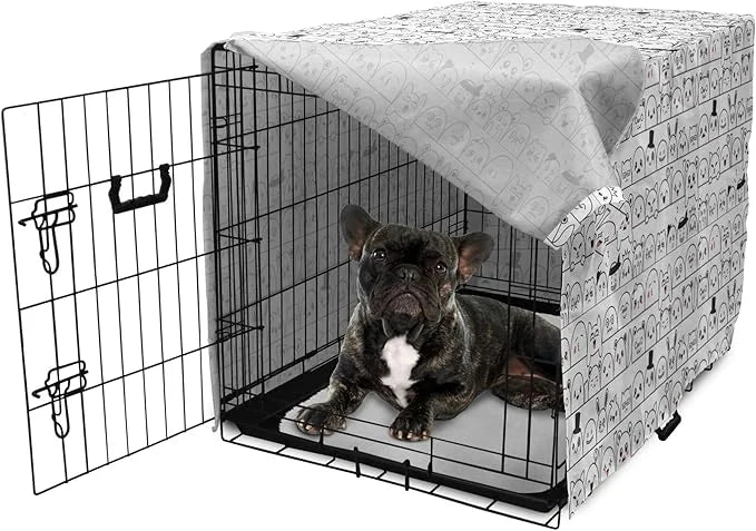Lunarable Cartoon Dog Crate Cover, Funny Creatures and Monsters Doodle Faces in Manga Style Emotions, Easy to Use Pet Kenn...