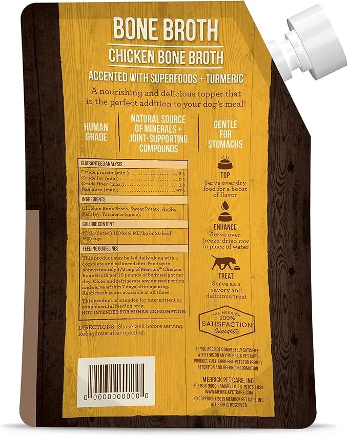 Merrick Grain Free Bone Broth, Premium Human Grade And Gluten Free Dog And Cat Food Topper Pouches, Chicken - 16 oz. Pouch...