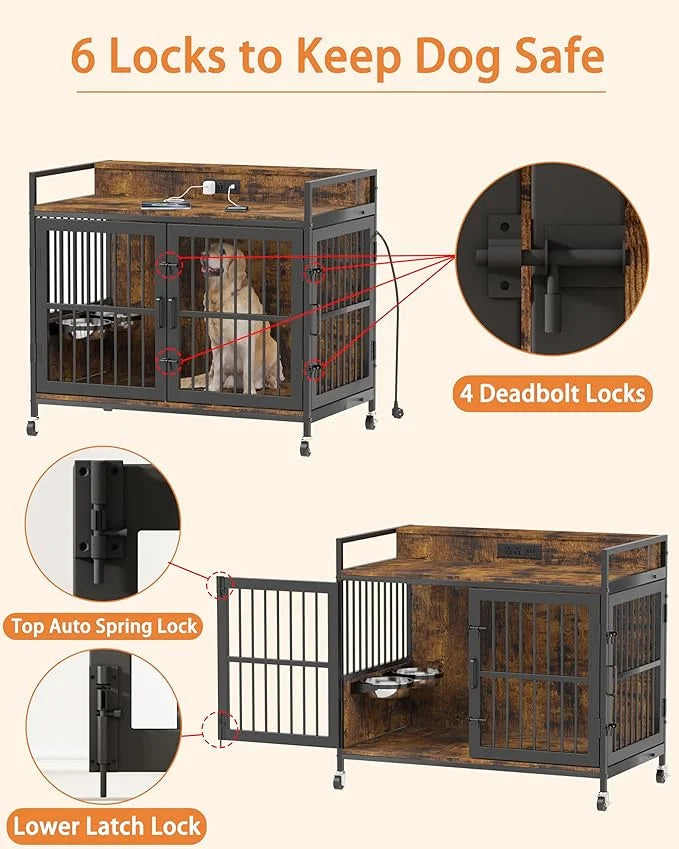 Piskyet Large Dog Crate Furniture,Heavy Duty Dog Crate Table with Charge Station and Storage&360°Rotatable Feeder and Stai...