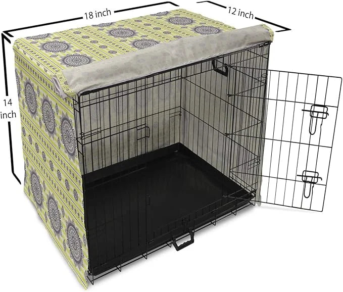 Lunarable Bohemian Mandala Dog Crate Cover, Floral Sun Motif on Brush Drawn Stripes with Dots, Easy to Use Pet Kennel Cove...