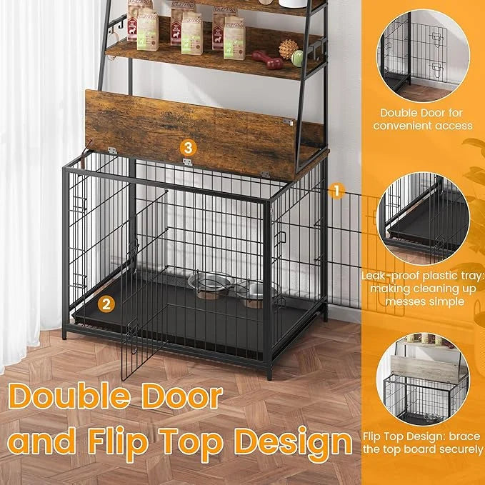 Dog Crate Furniture, 57 Inch Dog Kennel Furniture with Storage Shelves and Removable Tray, Indoor Dog House with 2 Doors a...