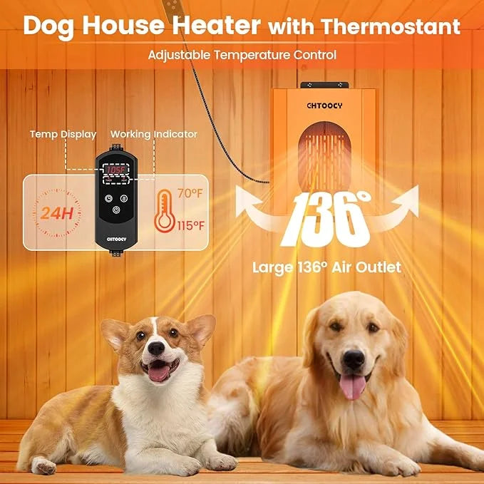 500W Dog House Heater w Thermostat, Adjustable Temp & 24H Timer Button, Outdoor Doghouse Heater for Pet Kennel, 9.8 FT Cor...