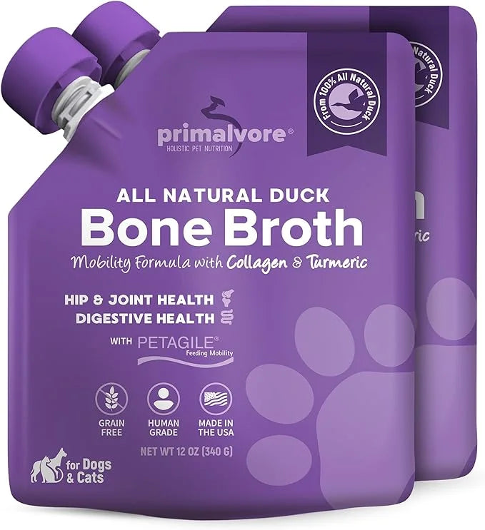 Primalvore All-Natural Duck Bone Broth for Dogs &Cats, Mobility Formula w/Collagen Peptides Supports Hip & Joints, Digesti...
