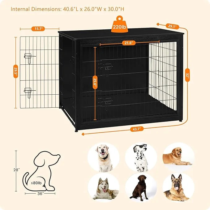 DWANTON Dog Crate Furniture with Cushion, Wooden Kennel Table with Double Doors, Indoor Dog House, Extra Large Size, 43.3"...