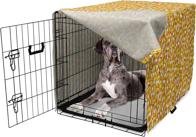 Lunarable Candy Corn Dog Crate Cover, Halloween Design of Cartoon Style Foods Scattered Randomly, Easy to Use Pet Kennel C...