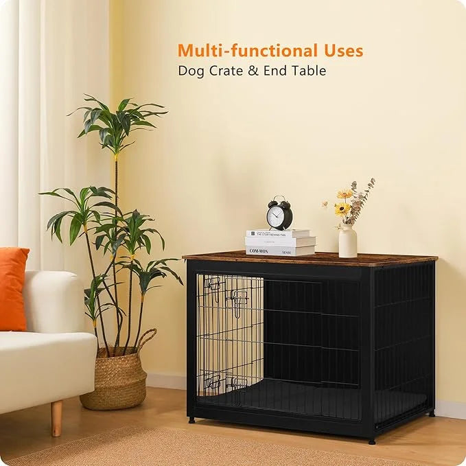 DWANTON Dog Crate Furniture with Cushion, Wooden Kennel Table with Double Doors, Indoor Dog House, Large Size, 38.5" L, Bl...