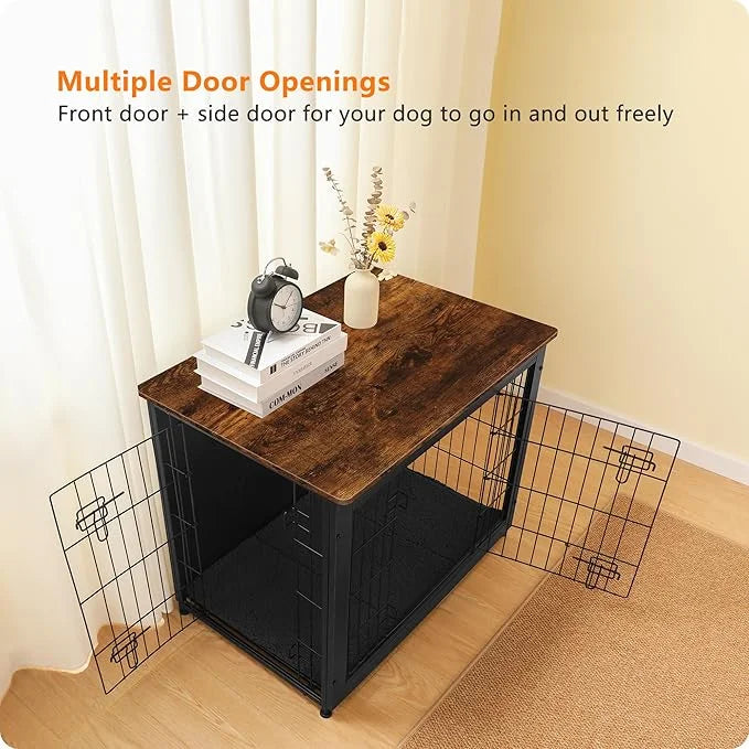 DWANTON Dog Crate Furniture with Cushion, Wooden Kennel Table with Double Doors, Indoor Dog House, Medium Size, 32.5" L, B...