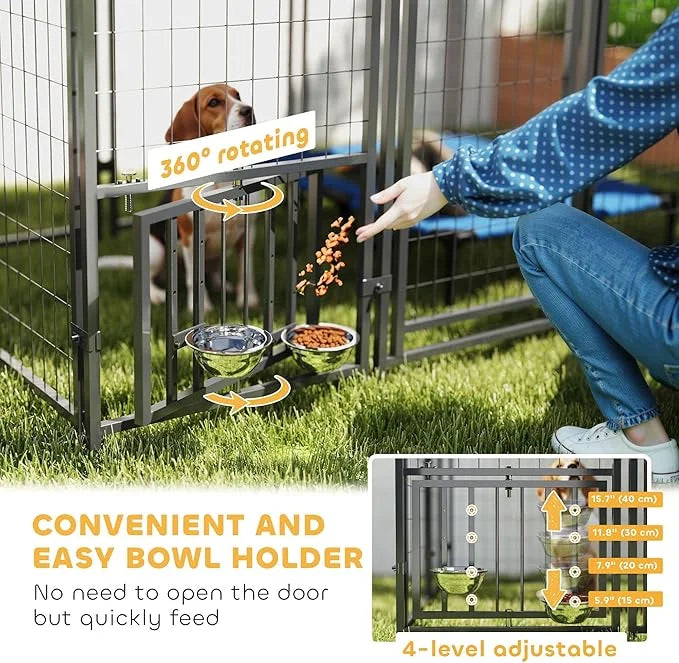 PawHut 5.9' x 4' x 6' Outdoor Dog Kennel, Welded Wire Heavy Duty Dog Run with 360° Rotating & 4 Level Adjustable Bowls, Do...