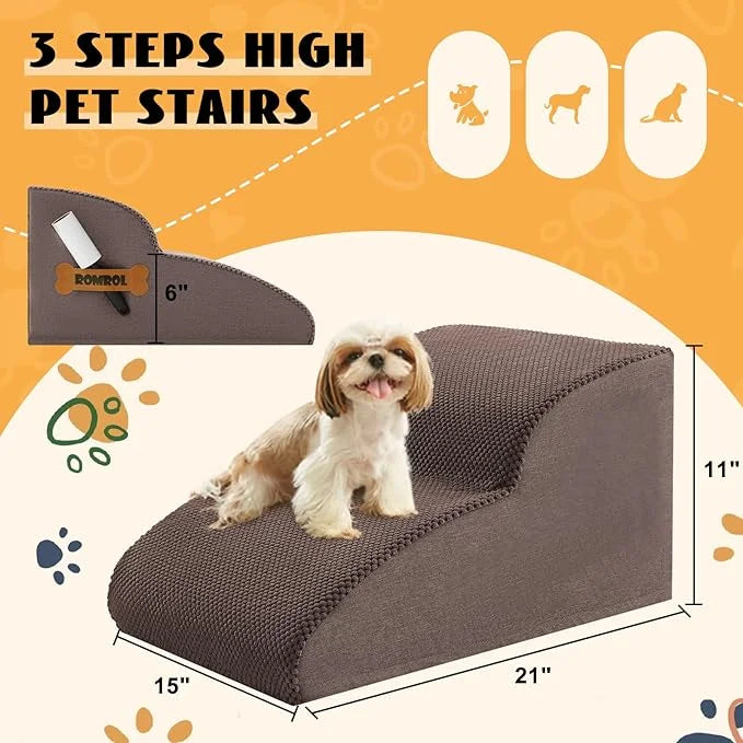 High Density Foam Dog Stairs Ramp for Beds Couches, Romrol Pet Steps with Durable Non-Slip Waterproof Fabric Cover, Dog Sl...