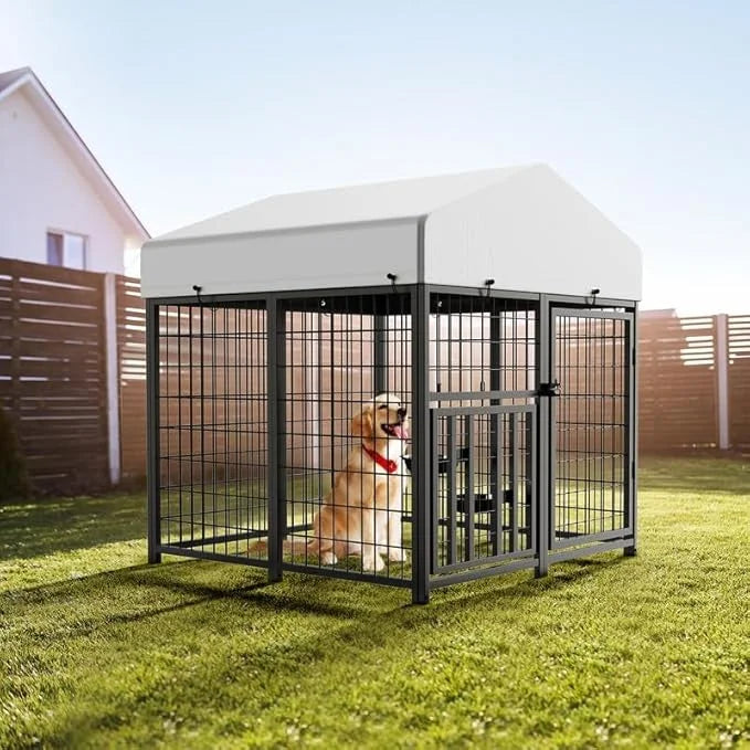 Large Dog Kennel Outdoor Pet Pens Dogs Run Enclosure Animal Hutch Metal Coop Fence with Rotating Bowl - Product Image