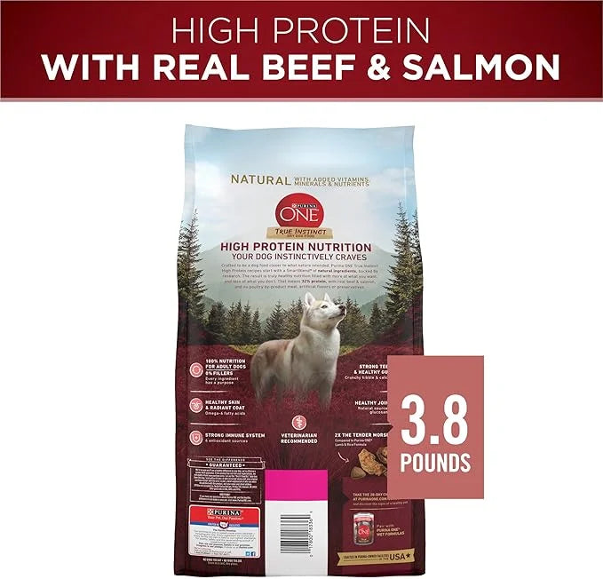Purina ONE Natural High Protein Dry Dog Food Dry True Instinct with Real Beef and Salmon With Bone Broth and Added Vitamin...