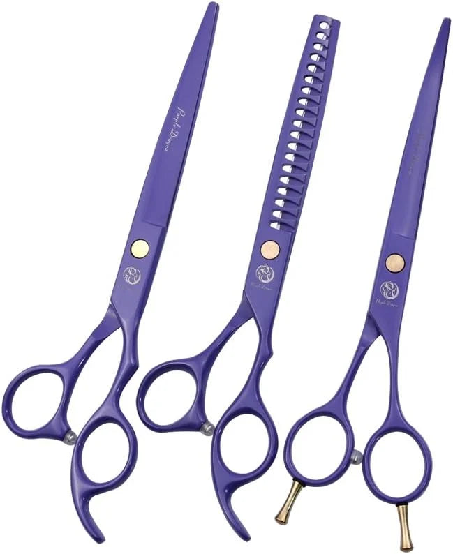 Purple Dragon 7.0 inch Professional Dog Grooming Hair Cutting Scissor &Curved Scissor&Chunker Shear Kit with Bag - for Pet...