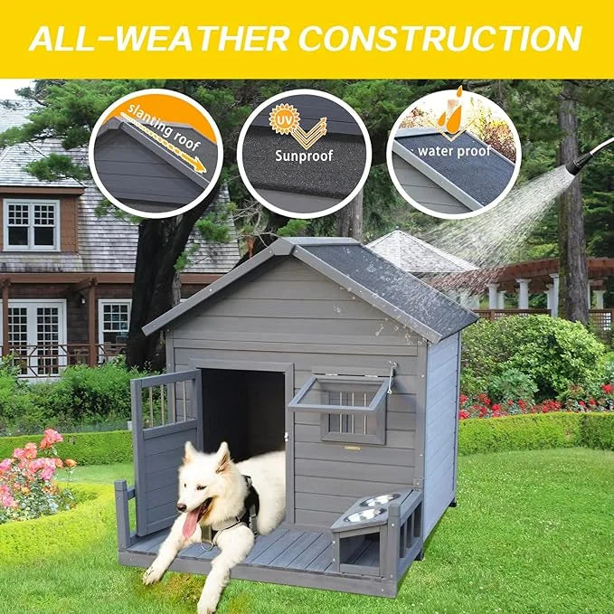 Open Waterproof Asphalt Roof Large Dogs House with Spacious Terrace,Outdoor Dog Kennel W/Small Wooden Door,Breathable Wind...