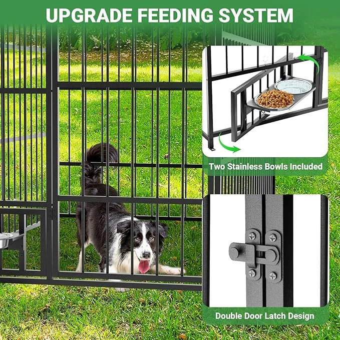 6.6 x 3.9 x 5.9 FT Outdoor Dog Kennel with Roof, Large Dog Kennel Outdoor with Rotating Feeding Bowls, Waterproof and Sunp...