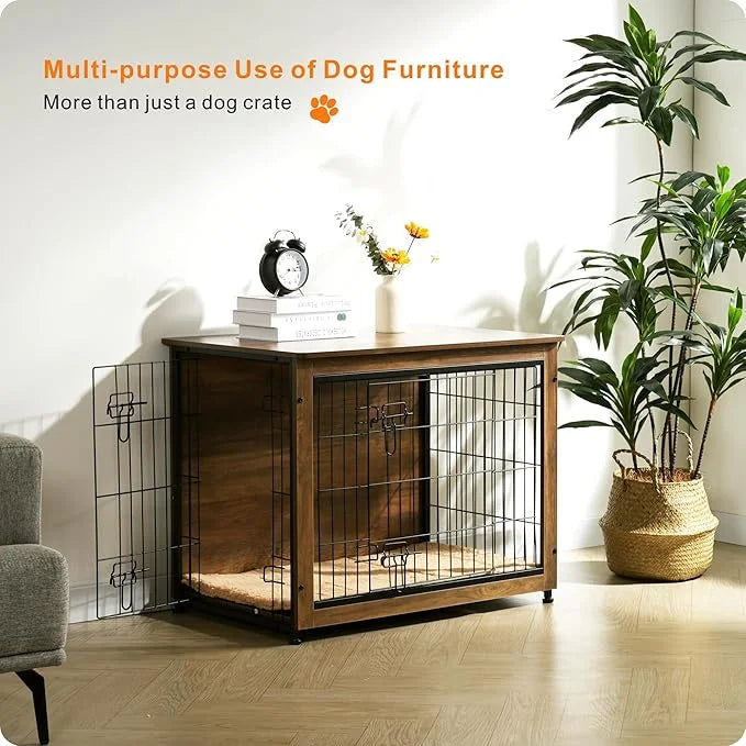 DWANTON Dog Crate Furniture with Cushion, Wooden Kennel Table with Double Doors, Indoor Dog House, Medium Size, 32.5" L, W...