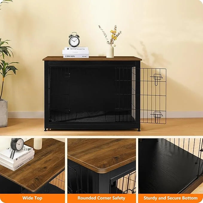 DWANTON Dog Crate Furniture with Cushion, Wooden Kennel Table with Double Doors, Indoor Dog House, Large Size, 38.5" L, Bl...