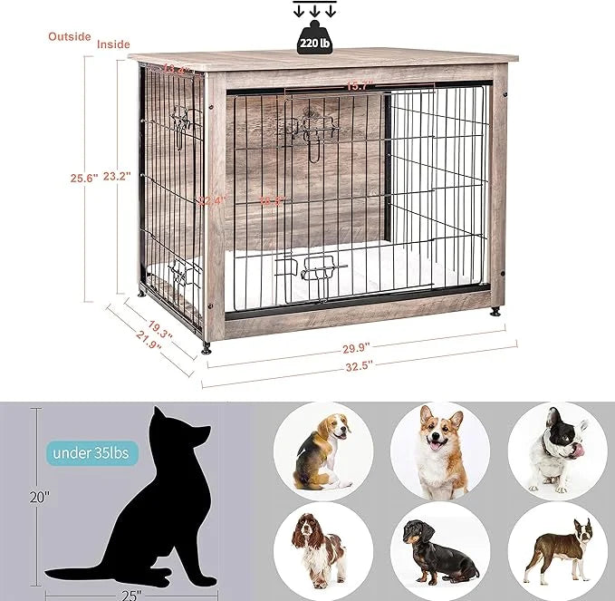 DWANTON Dog Crate Furniture with Cushion, Wooden Kennel Table with Double Doors, Indoor Dog House, Medium Size, 32.5" L, G...