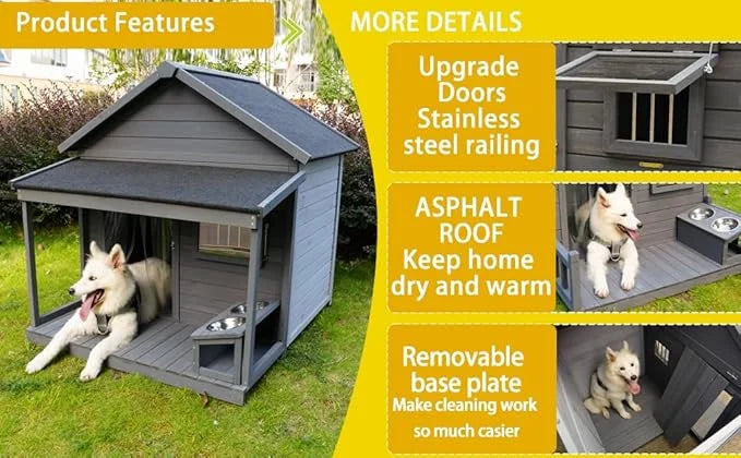 YOTPO Large Outdoor Fir Wood Dog House with Spacious Terrace,Breathable Window&2 Feeding Stainless Bowls,Dog Kennel W/Soli...