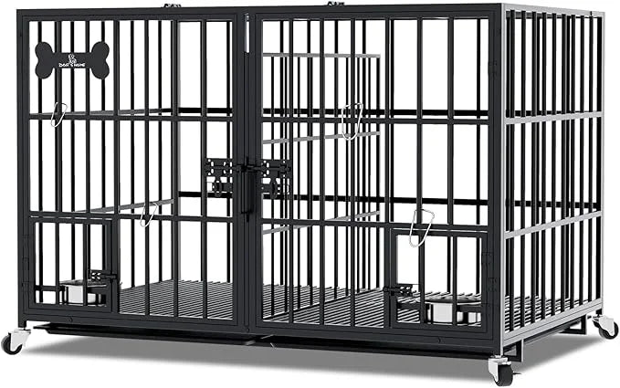 aboxoo 42/48 inch Heavy Duty Metal Dog Crate for 2 Dogs/Large Dog,All Metal Open Top Stackable,Dog Kennel Indoor with Whee...